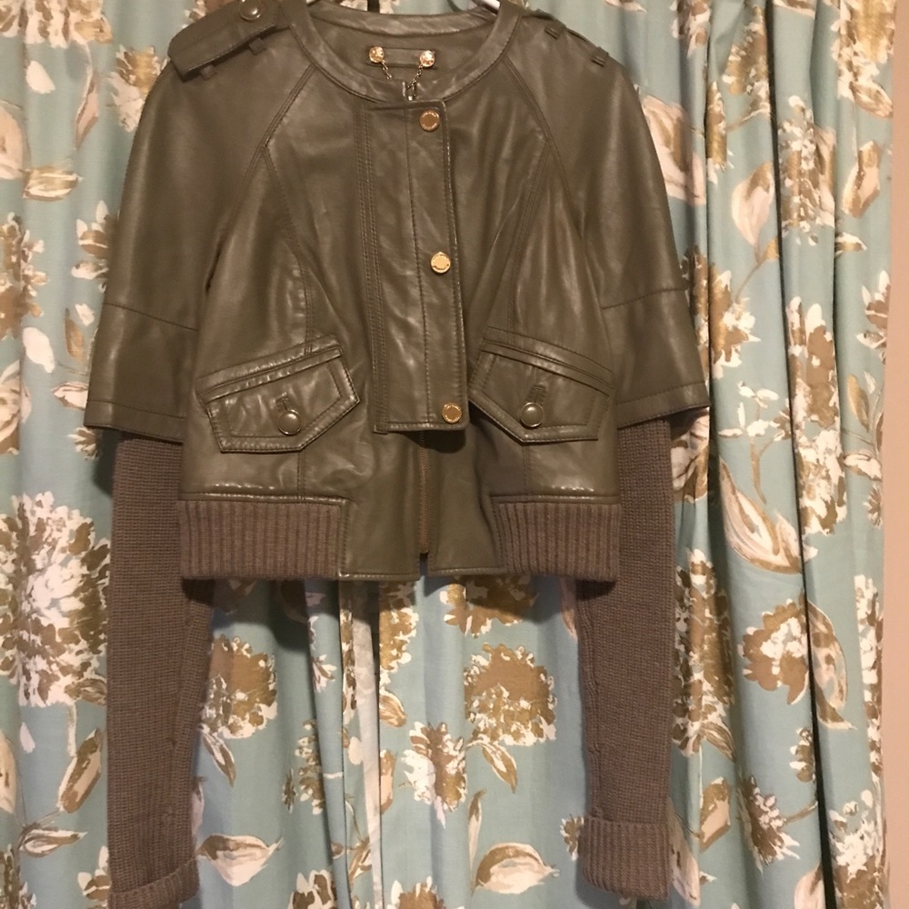 Tory Burch green leather jacket, sweater sleeves